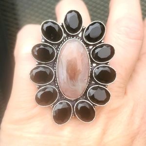 New Pink Opal & Black Spinnel 925 Silver Statement Ring.